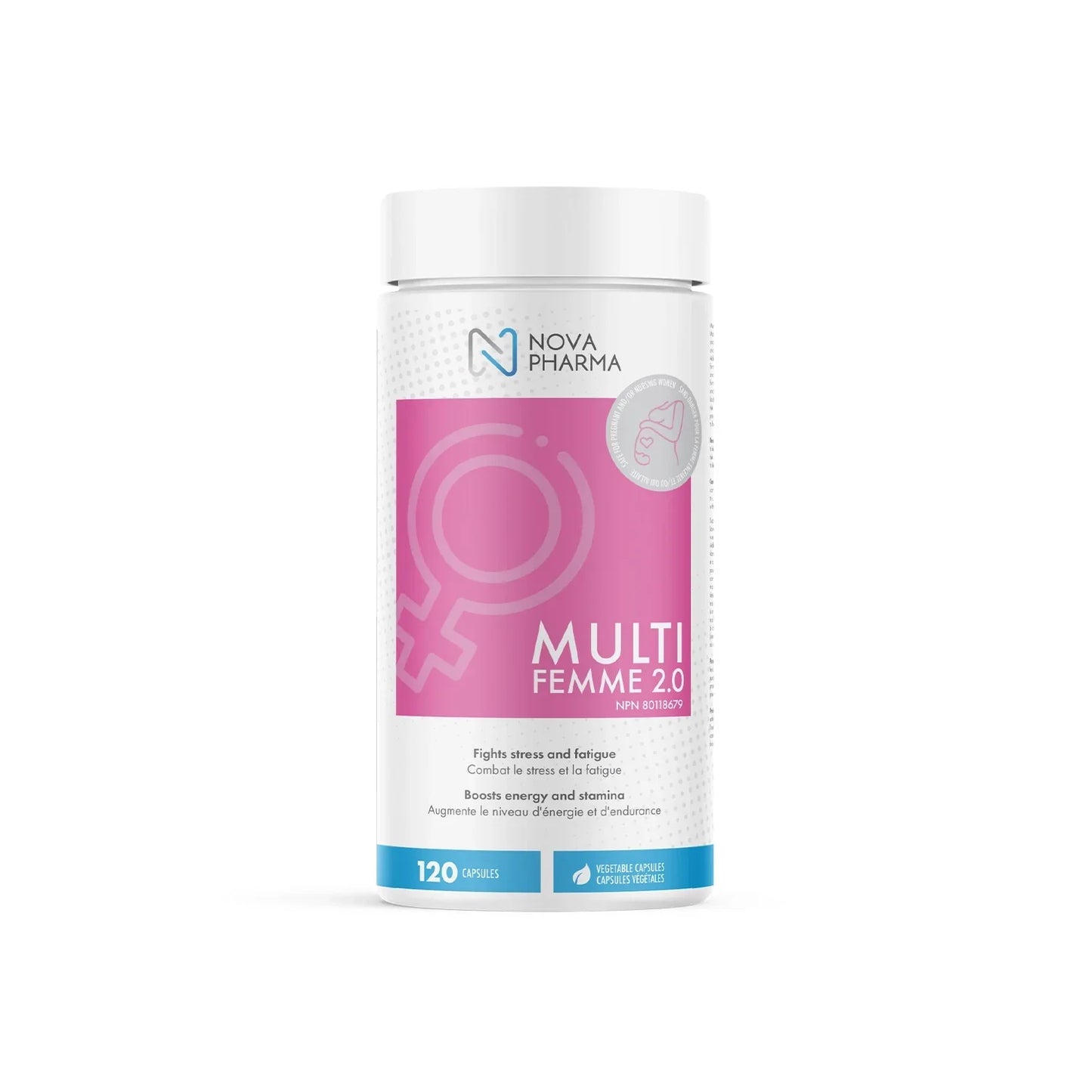 Bottle of multivitamin supplements for women in capsules, from the nova pharma brand