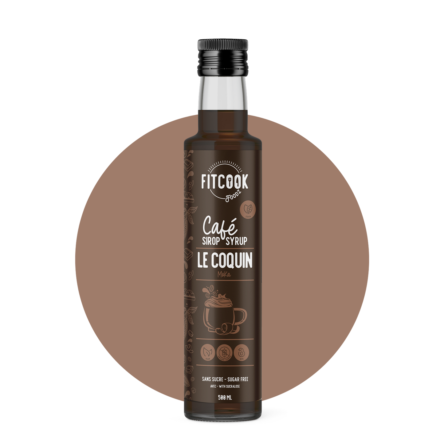 Bouteille de sirop à café saveur moka de l’entreprise québécoise Fitcook Foodz
